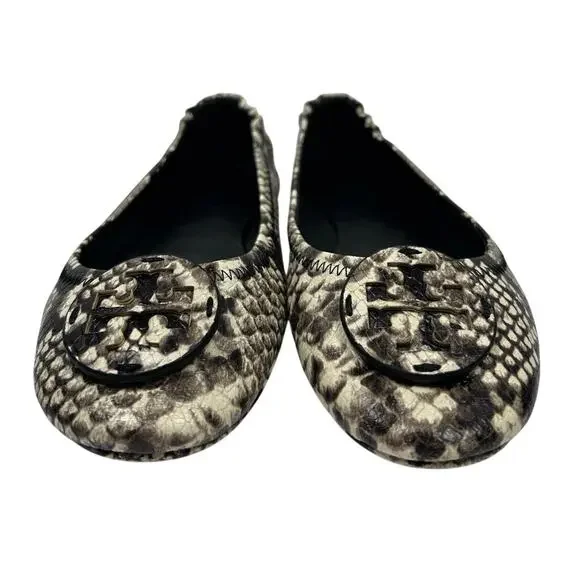 Tory Burch Minnie Travel Ballet Flats, python-embossed leather exterior. Size 9 - Picture 2 of 10